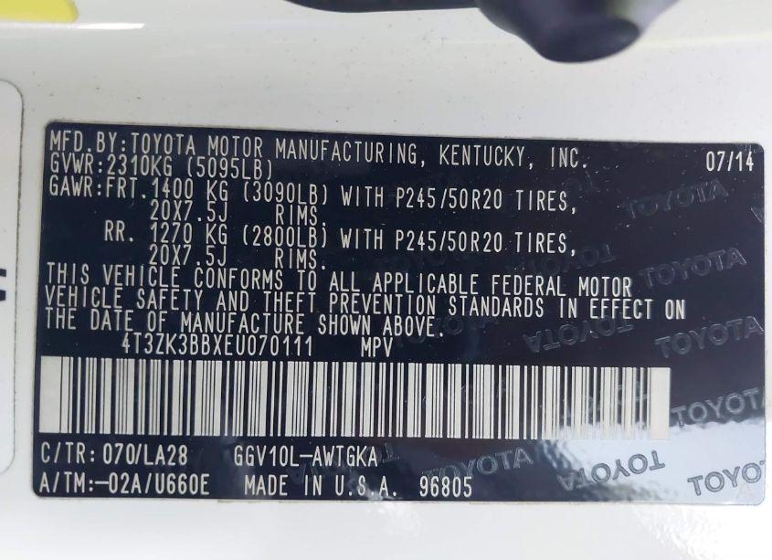 Photo 9 of 2014 Toyota Venza LE/XLE/LIMITED (VIN 4T3ZK3BBXEU070111)