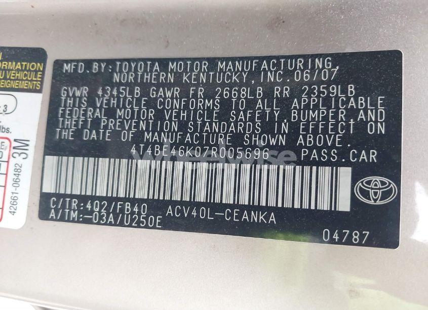 Photo 9 of 2007 Toyota Camry LE (VIN 4T4BE46K07R005696)