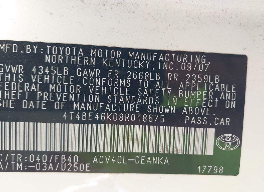 Photo 9 of 2008 Toyota Camry LE (VIN 4T4BE46K08R018675)