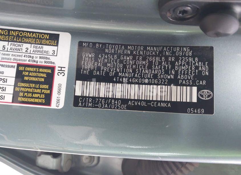 Photo 9 of 2009 Toyota Camry LE (VIN 4T4BE46K09R106322)