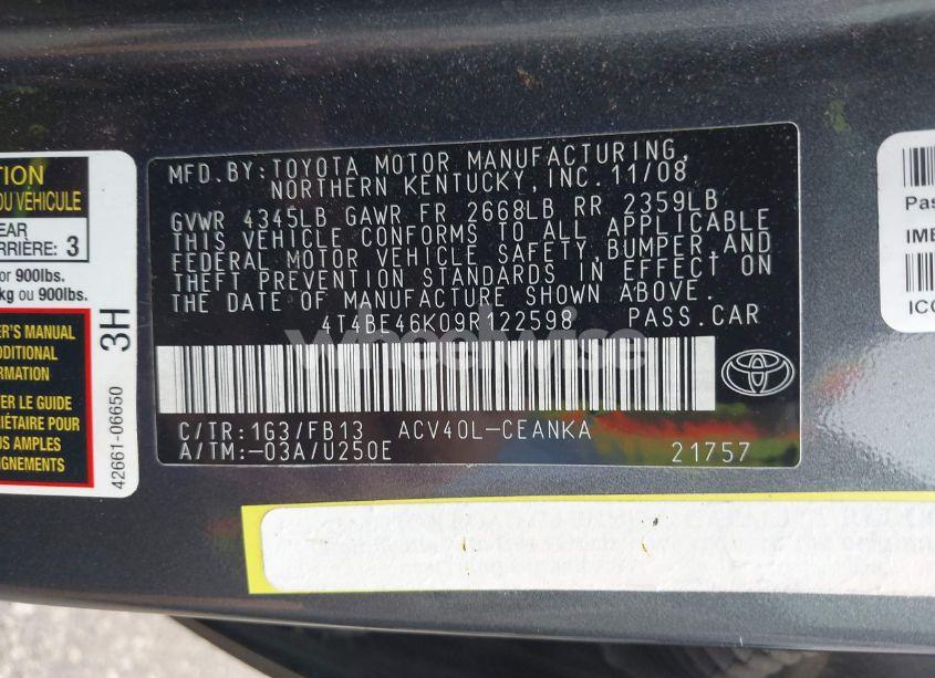 Photo 9 of 2009 Toyota Camry LE (VIN 4T4BE46K09R122598)