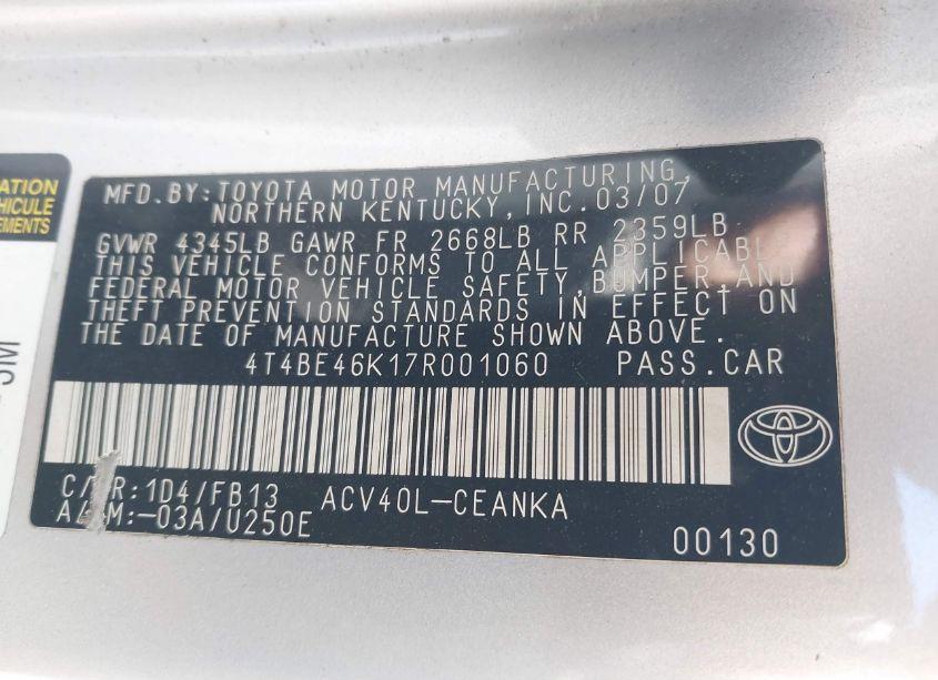 Photo 9 of 2007 Toyota Camry LE (VIN 4T4BE46K17R001060)