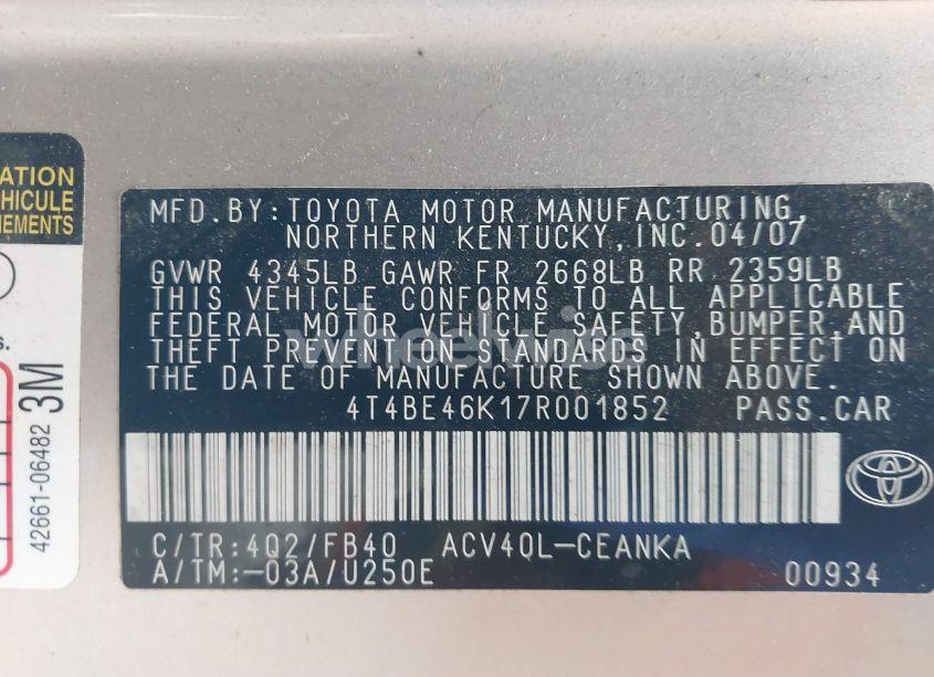 Photo 9 of 2007 Toyota Camry LE (VIN 4T4BE46K17R001852)