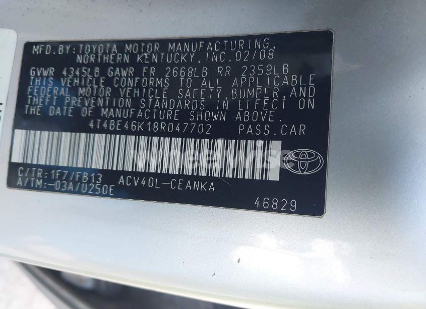 Photo 9 of 2008 Toyota Camry LE (VIN 4T4BE46K18R047702)
