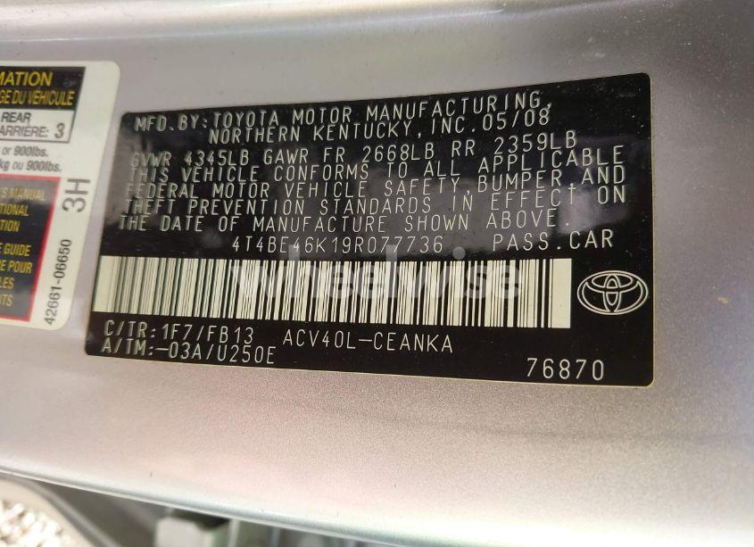 Photo 9 of 2009 Toyota Camry LE (VIN 4T4BE46K19R077736)