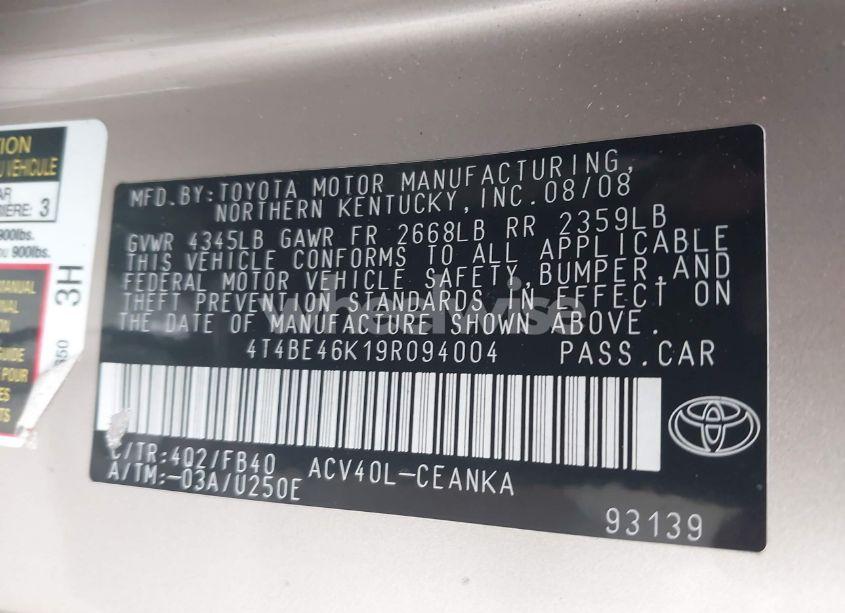 Photo 9 of 2009 Toyota Camry LE/SE/XLE (VIN 4T4BE46K19R094004)