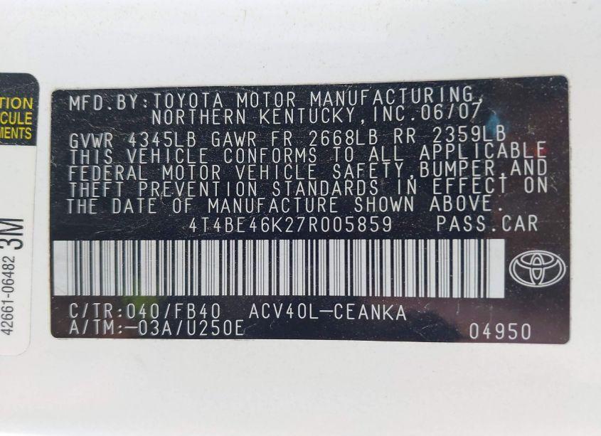 Photo 9 of 2007 Toyota Camry LE (VIN 4T4BE46K27R005859)