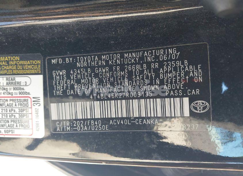 Photo 9 of 2007 Toyota Camry CE (VIN 4T4BE46K27R009135)