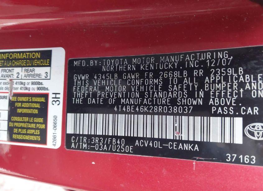 Photo 9 of 2008 Toyota Camry LE (VIN 4T4BE46K28R038037)