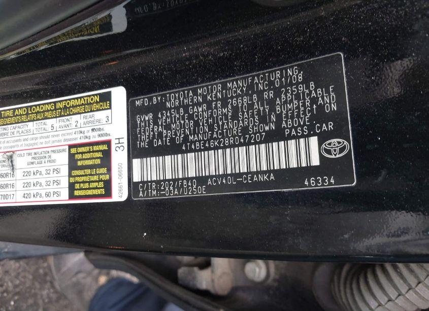 Photo 9 of 2008 Toyota Camry LE (VIN 4T4BE46K28R047207)