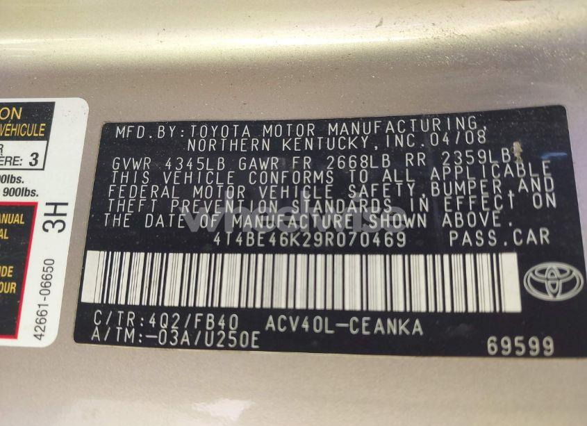 Photo 9 of 2009 Toyota Camry LE (VIN 4T4BE46K29R070469)