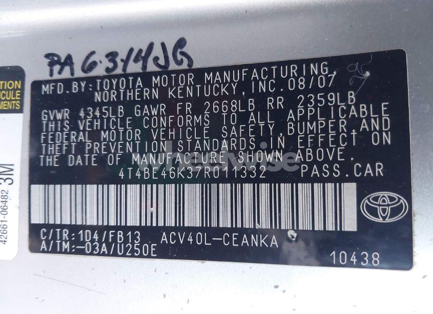 Photo 9 of 2007 Toyota Camry CE (VIN 4T4BE46K37R011332)