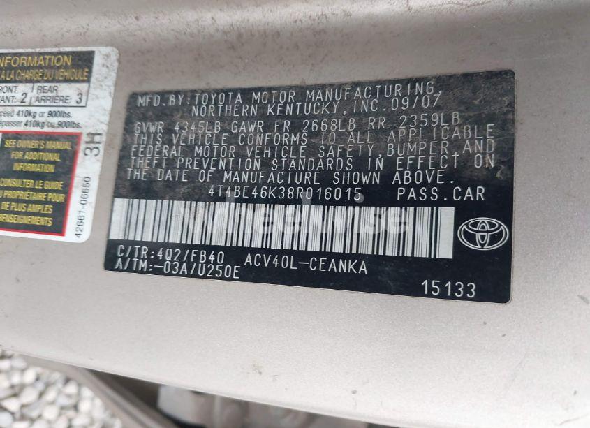 Photo 9 of 2008 Toyota Camry LE (VIN 4T4BE46K38R016015)