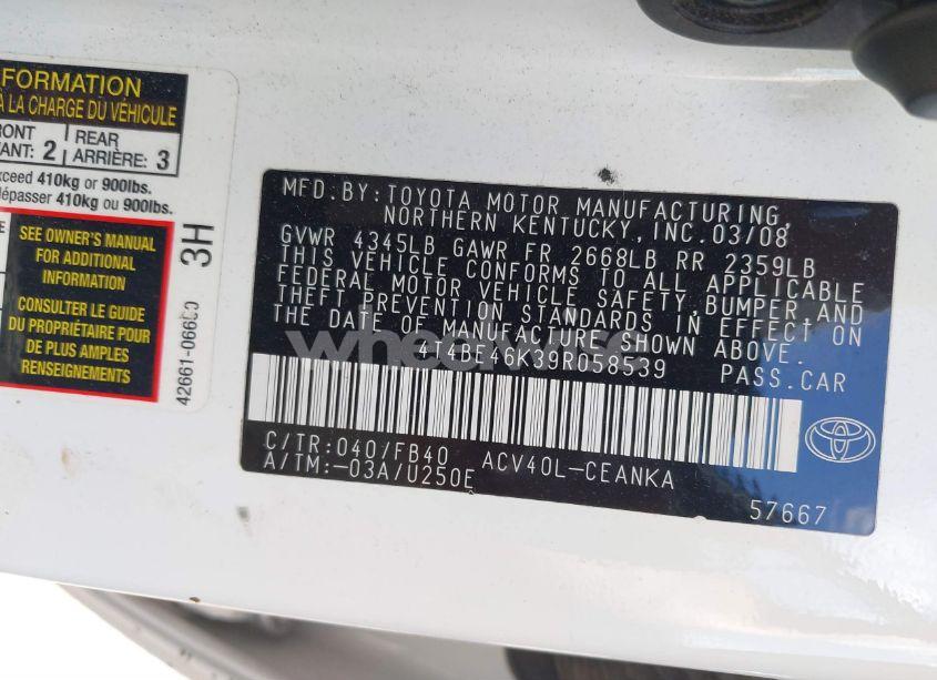 Photo 9 of 2009 Toyota Camry LE (VIN 4T4BE46K39R058539)