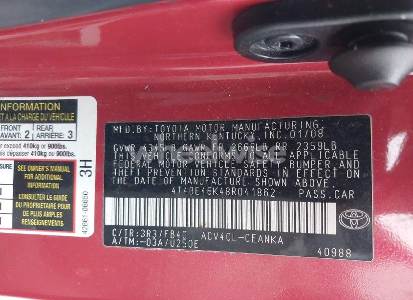 Photo 9 of 2008 Toyota Camry LE (VIN 4T4BE46K48R041862)