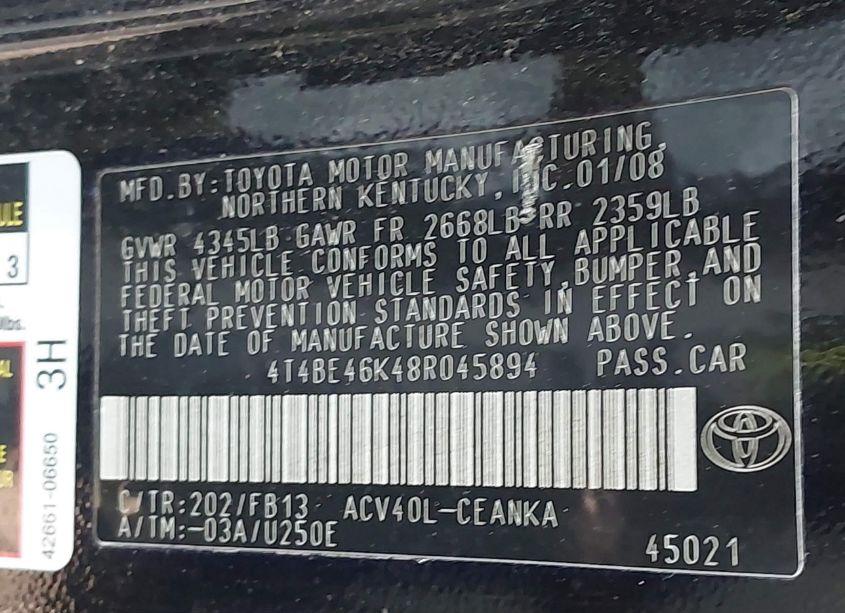 Photo 9 of 2008 Toyota Camry LE (VIN 4T4BE46K48R045894)