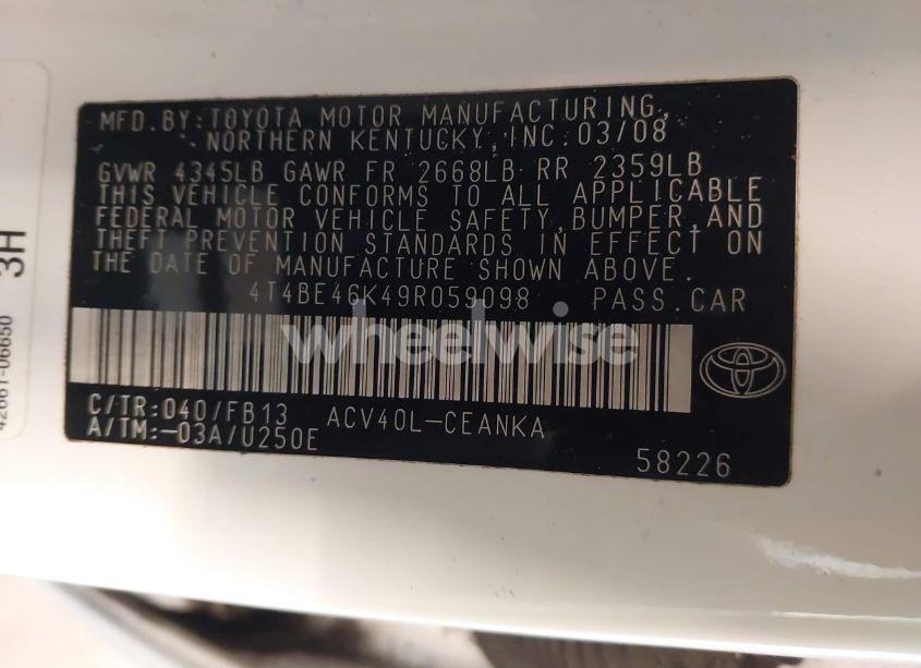 Photo 9 of 2009 Toyota Camry LE (VIN 4T4BE46K49R059098)