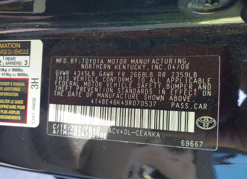 Photo 9 of 2009 Toyota Camry LE (VIN 4T4BE46K49R070537)