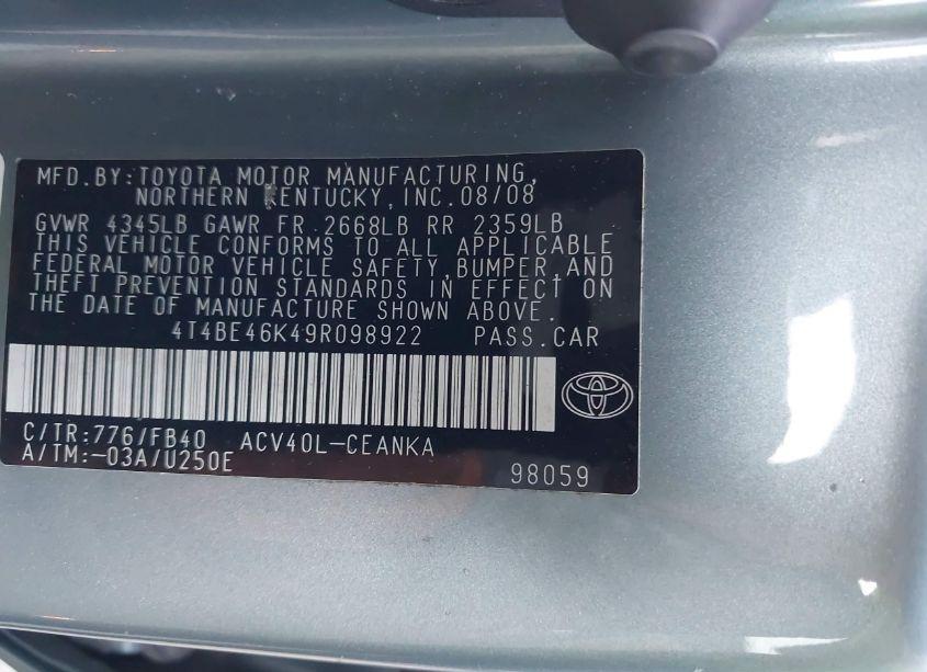 Photo 9 of 2009 Toyota Camry LE (VIN 4T4BE46K49R098922)