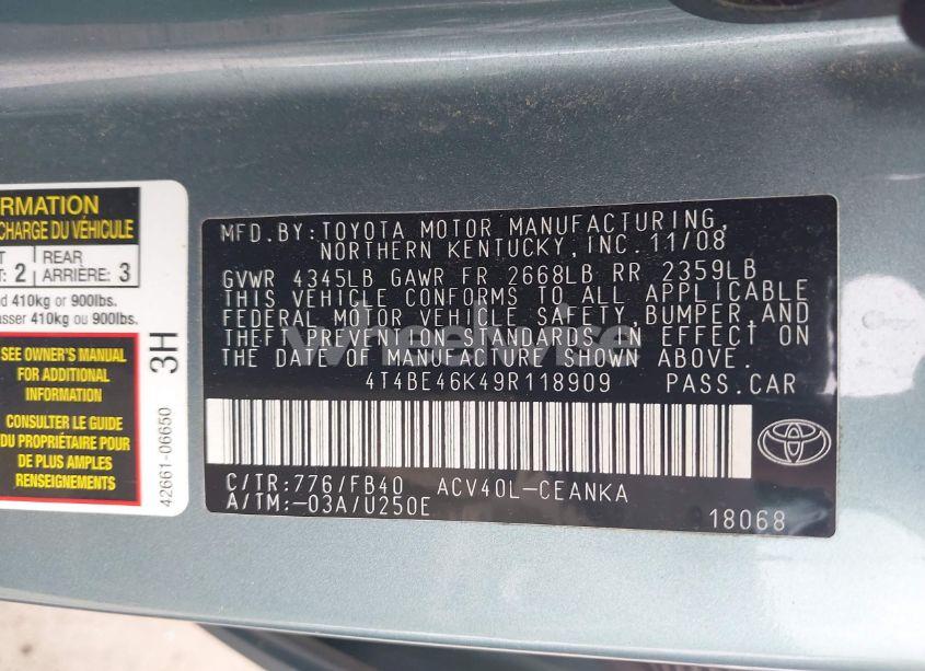 Photo 9 of 2009 Toyota Camry LE (VIN 4T4BE46K49R118909)