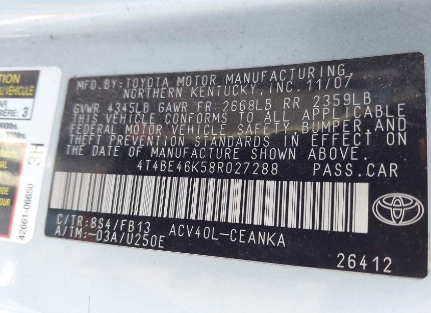 Photo 9 of 2008 Toyota Camry LE (VIN 4T4BE46K58R027288)