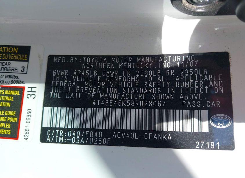 Photo 9 of 2008 Toyota Camry LE (VIN 4T4BE46K58R028067)