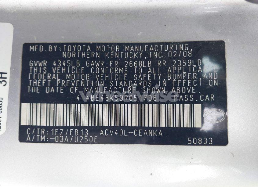 Photo 9 of 2009 Toyota Camry LE (VIN 4T4BE46K59R051706)