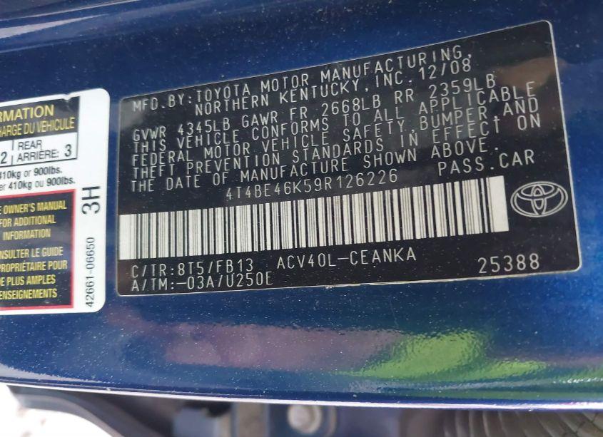 Photo 9 of 2009 Toyota Camry LE (VIN 4T4BE46K59R126226)