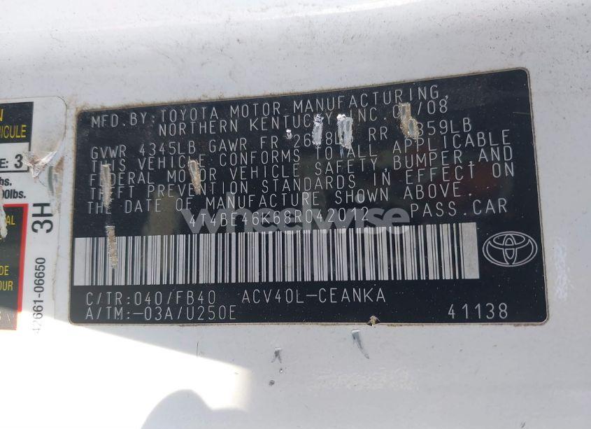 Photo 9 of 2008 Toyota Camry LE (VIN 4T4BE46K68R042012)