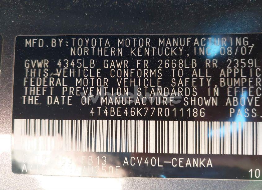 Photo 9 of 2007 Toyota Camry LE (VIN 4T4BE46K77R011186)