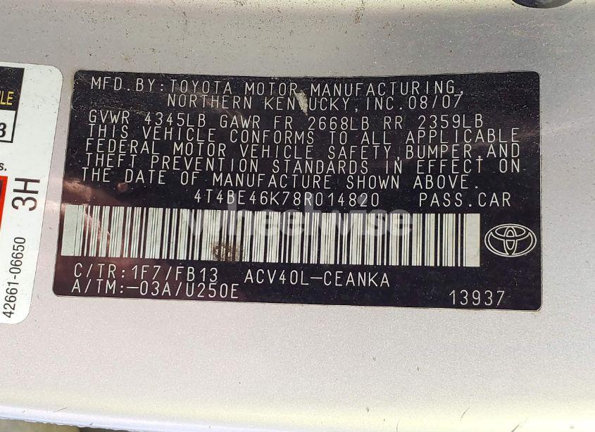 Photo 9 of 2008 Toyota Camry LE (VIN 4T4BE46K78R014820)