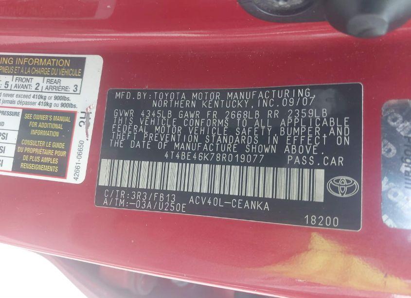 Photo 9 of 2008 Toyota Camry LE (VIN 4T4BE46K78R019077)