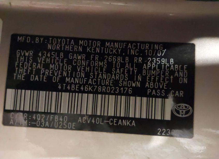 Photo 9 of 2008 Toyota Camry LE (VIN 4T4BE46K78R023176)