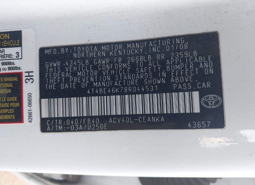 Photo 9 of 2008 Toyota Camry LE (VIN 4T4BE46K78R044531)