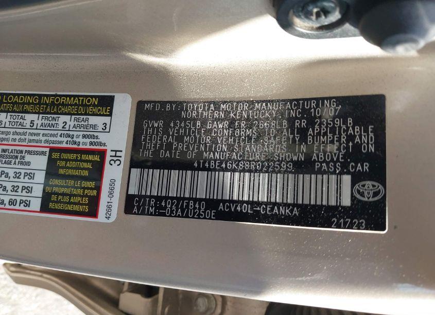 Photo 9 of 2008 Toyota Camry LE (VIN 4T4BE46K88R022599)