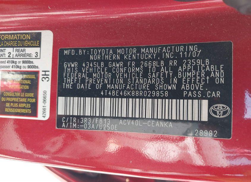 Photo 9 of 2008 Toyota Camry LE (VIN 4T4BE46K88R029858)