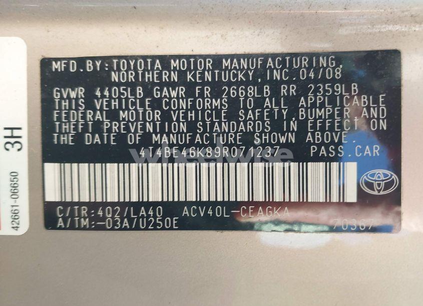 Photo 9 of 2009 Toyota Camry XLE (VIN 4T4BE46K89R071237)