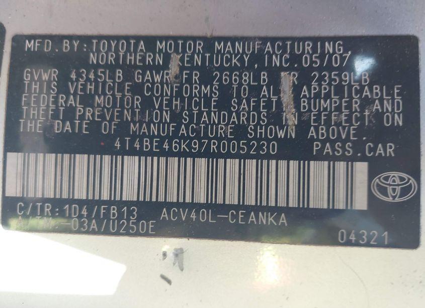 Photo 9 of 2007 Toyota Camry LE (VIN 4T4BE46K97R005230)