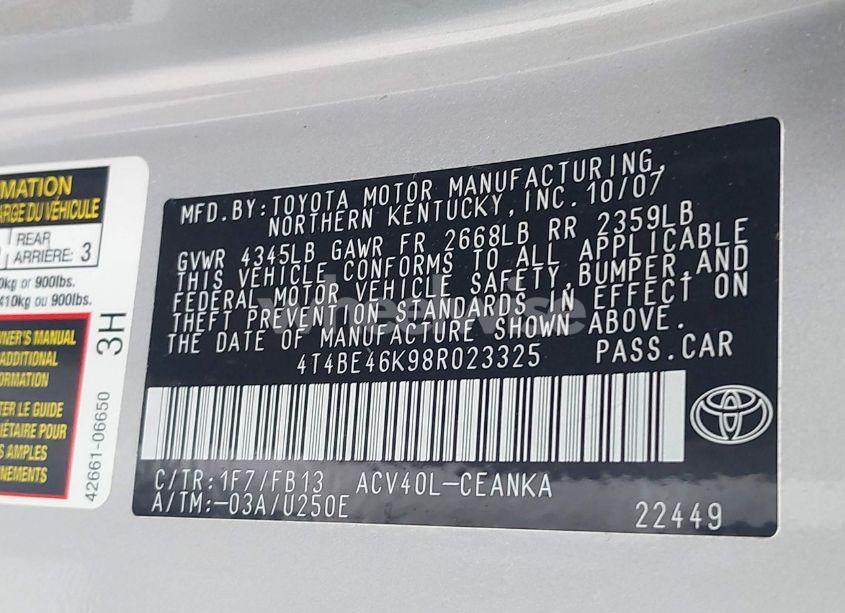 Photo 9 of 2008 Toyota Camry LE (VIN 4T4BE46K98R023325)