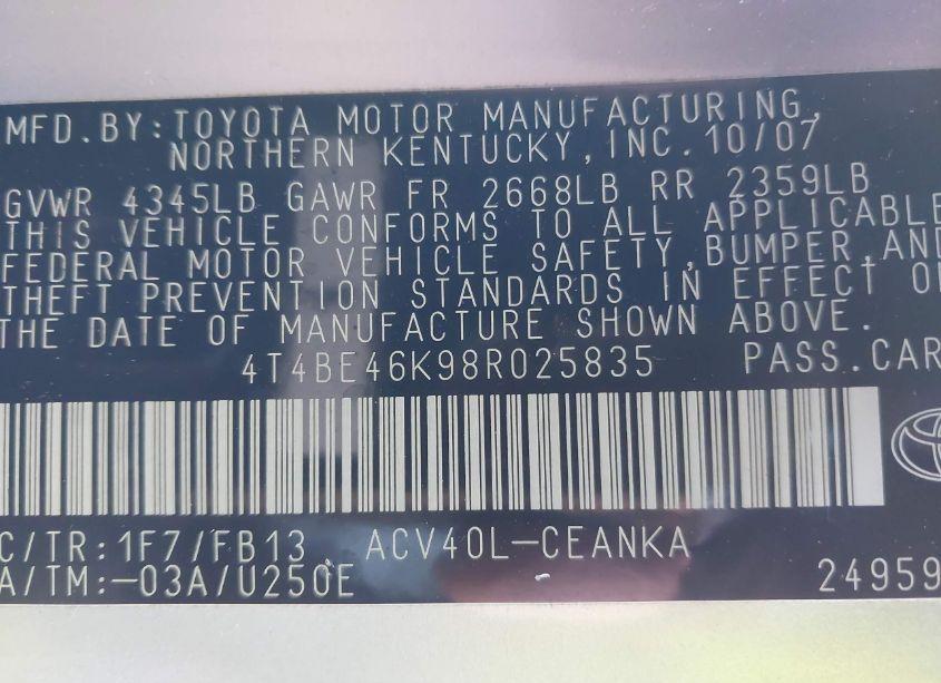 Photo 9 of 2008 Toyota Camry LE (VIN 4T4BE46K98R025835)