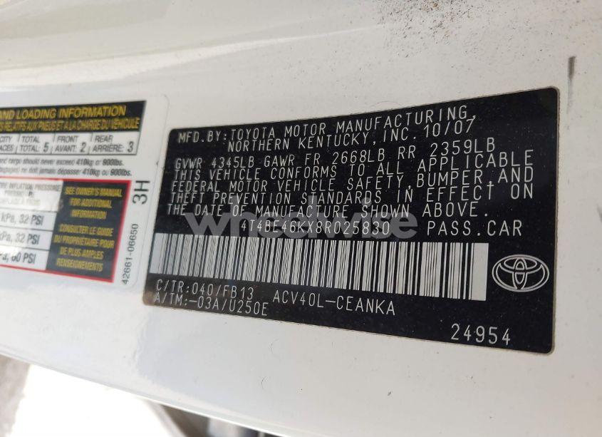 Photo 9 of 2008 Toyota Camry LE (VIN 4T4BE46KX8R025830)