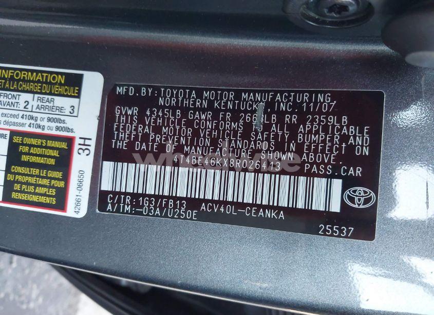 Photo 9 of 2008 Toyota Camry LE (VIN 4T4BE46KX8R026413)