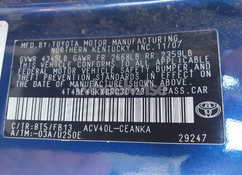 Photo 9 of 2008 Toyota Camry LE (VIN 4T4BE46KX8R030123)