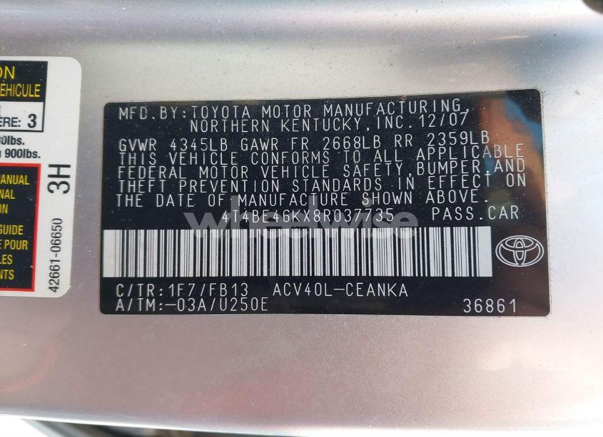 Photo 9 of 2008 Toyota Camry LE (VIN 4T4BE46KX8R037735)