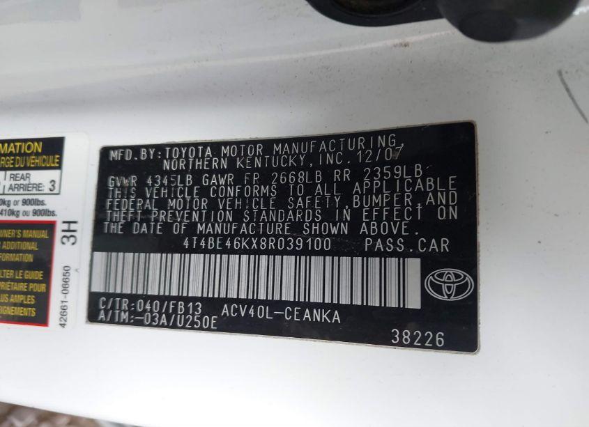 Photo 9 of 2008 Toyota Camry LE (VIN 4T4BE46KX8R039100)