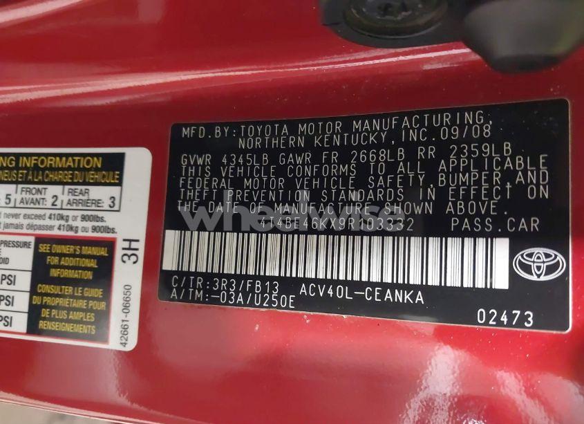 Photo 9 of 2009 Toyota Camry LE (VIN 4T4BE46KX9R103332)