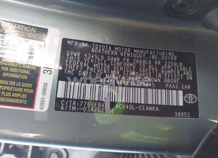 Photo 9 of 2009 Toyota Camry LE (VIN 4T4BE46KX9R139845)