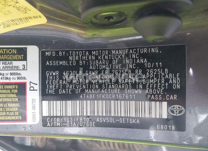 Photo 9 of 2012 Toyota Camry XLE (VIN 4T4BF1FK0CR167611)