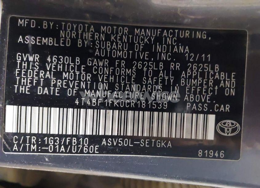 Photo 9 of 2012 Toyota Camry XLE (VIN 4T4BF1FK0CR181539)