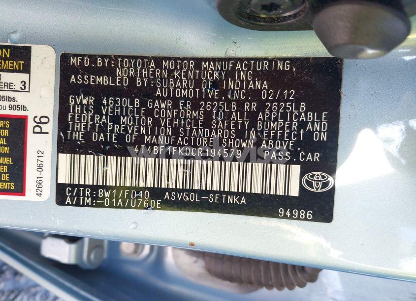 Photo 9 of 2012 Toyota Camry LE (VIN 4T4BF1FK0CR194579)